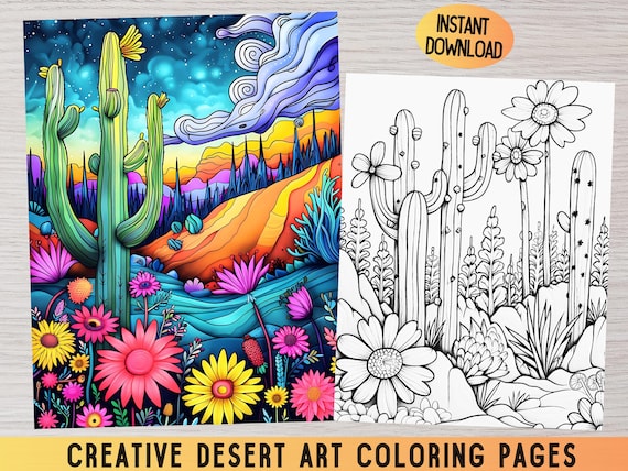 Desert Landscape Coloring Pages – Cactus & Sunset, Zentangle Art