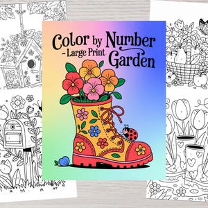 Può includere: Libro da colorare Color by Number Garden - Stampa grande con un'illustrazione colorata di uno stivale pieno di fiori e una coccinella. Il libro include diverse pagine con diverse illustrazioni a tema giardino.