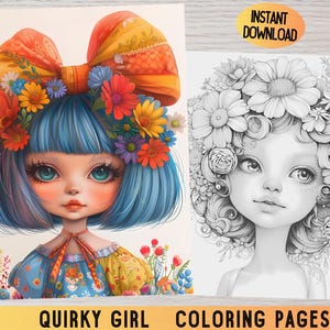 Puede incluir: Una página para colorear con una niña caprichosa con el pelo azul y una corona de flores. La niña lleva un vestido colorido y tiene una expresión dulce. La imagen está en blanco y negro, lista para ser coloreada.
