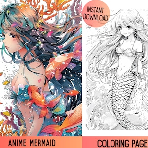 Mermaid Coloring Pages, Adult Mermaid Coloring Pages, Anime style Mermaid , Mermaid Coloring Book Pages, Fantasy Coloring,Mermaid printable