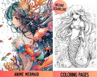 Anime Mermaid Coloring Book, Fantasy Art (PDF Pattern)