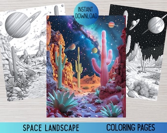 May include: A coloring page set featuring a desert landscape with cacti and a starry sky. The image includes a black and white outline version and a colored version with pink, blue, and orange hues.