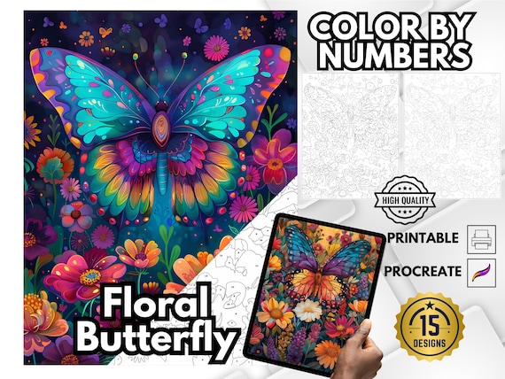 Floral Butterfly Color by Number, Adult Coloring Pages (PDF & PNG)