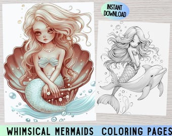 Grillige zeemeermin kleurplaten, fantasy printables (digitale download)