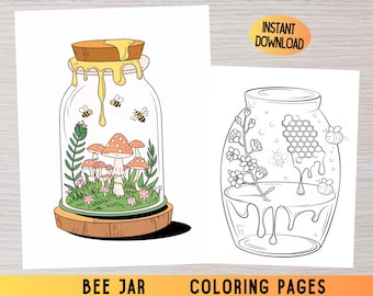 Dibujos de abejas para colorear / Diseños de tarros de miel para adultos (PDF imprimible)