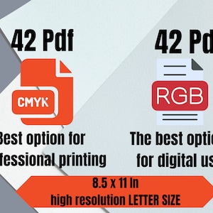 May include: Two red file icons with text, one labeled "42 Pdf CMYK Best option for professional printing" and the other labeled "42 Pdf RGB The best option for digital use". Both icons are on a white background with a gray background behind them. The text "8.5 x 11 In high resolution LETTER SIZE" is below the icons.