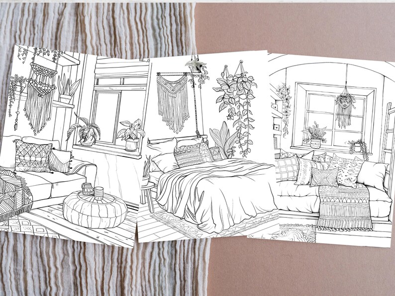 Boho Interiors Coloring Pages, Cozy Room Designs (PDF Pattern) - Etsy