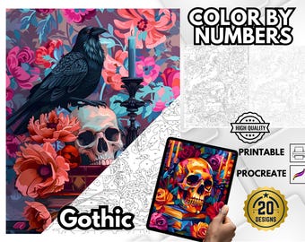 Gothic Skull Color by Number Pages, Adult Coloring Book (PDF)