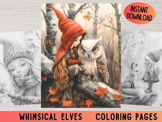 Whimsical Elves Coloring Pages, Fantasy Adult Coloring Book (Digital Download)