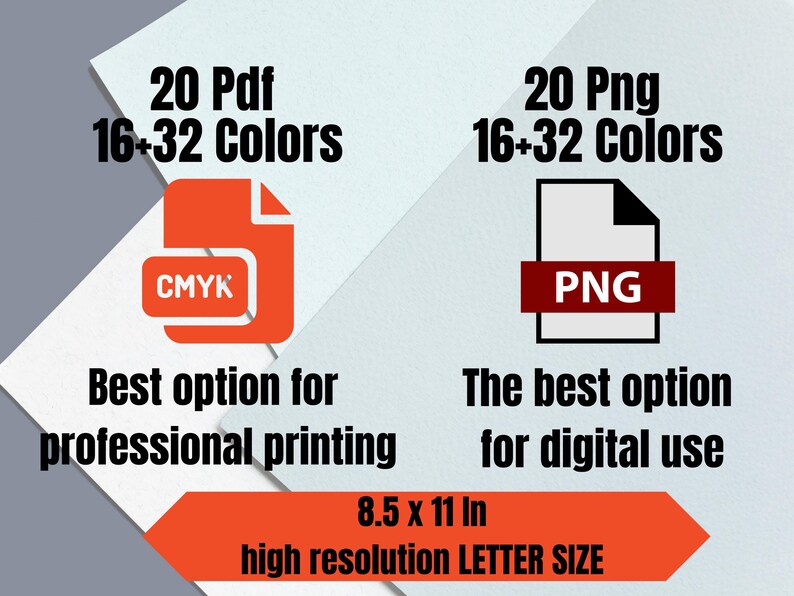 May include: Image with text: 20 Pdf, 16+32 Colors, 20 Png, 16+32 Colors. Includes CMYK and PNG file types. Text: Best option for professional printing, The best option for digital use. Size: 8.5 x 11 in, high resolution LETTER SIZE.