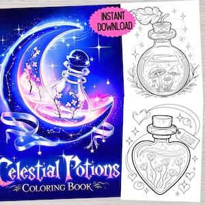 Może przedstawiać: Okładka książki do kolorowania przedstawiająca księżyc z motywem nieba z butelką eliksiru w środku. Butelka jest wypełniona różowymi i białymi kwiatami. Tekst "Celestial Potions Coloring Book" znajduje się na dole obrazka.