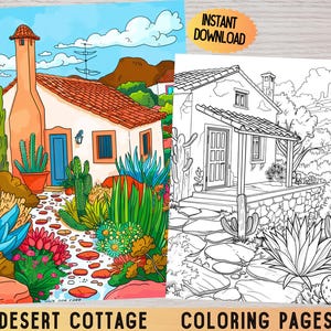Desert coloring pages, cactus coloring pages, desert landscape coloring pages, adult coloring, digital download, coloring printables