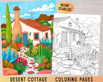 Desert Landscape Coloring Pages, Cactus and Cottage Art (Digital Download)