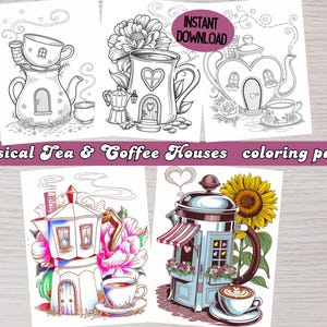 以下が含まれることがあります： お茶とコーヒーの家のファンシーな白黒の塗り絵4枚。各ページは、ティーポット、コーヒーポット、フレンチプレスなど、さまざまな家のデザインを描いています。ページの1つに「インスタントダウンロード」というテキストが表示されています。
