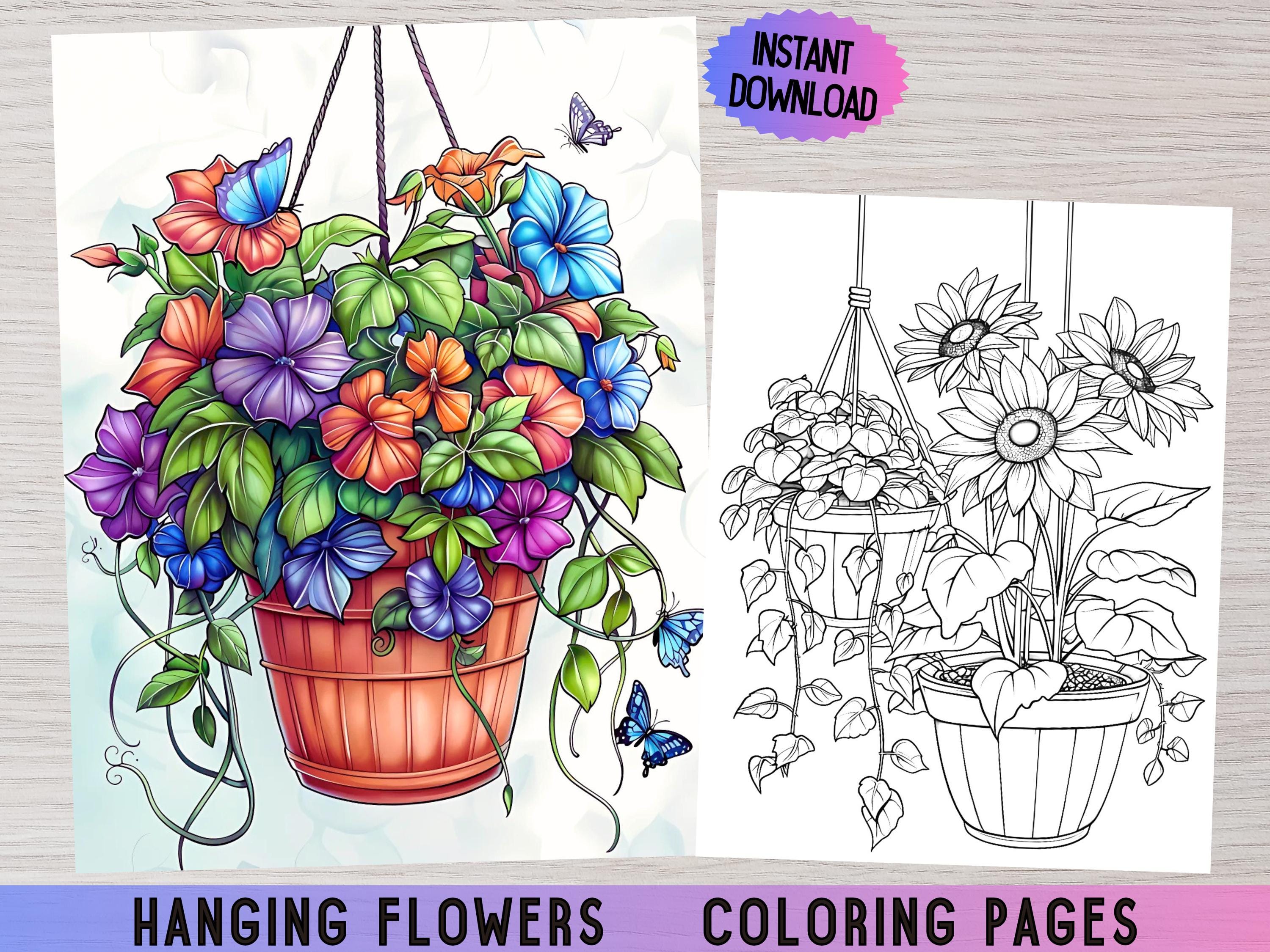 Blumen Malbuch, Hängende Blumen, Pflanzen Malseiten, Blumen Malseiten, Florale Malseiten, Erwachsene Färbung, Digitale Färbung