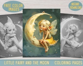 Moon Fairy Coloring Book, Grayscale Fantasy Pages (Digital Download)