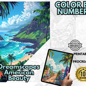 Dibujos para colorear por números, pintar por números, imprimible colorear, páginas para colorear para adultos, colorear relajante, libro para colorear de paisajes de EE. UU. UU.