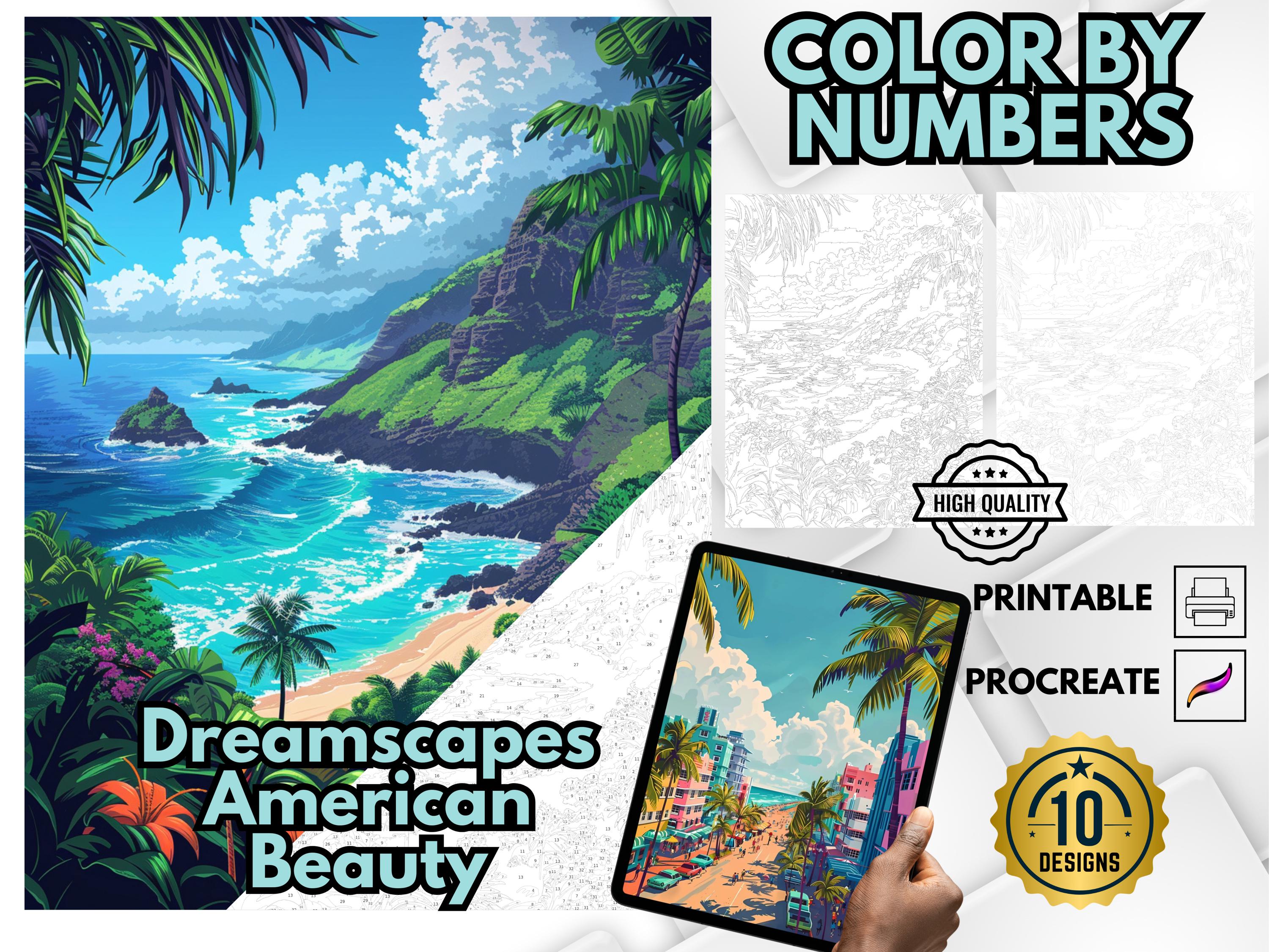 Paisajes de EE. UU. para colorear por números | Imprimibles Paint by Numbers para adultos y adolescentes