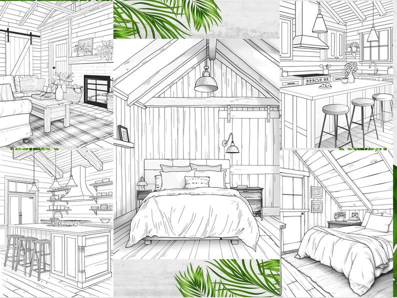 Farmhouse Interior Coloring Book, Rustic Home Designs (PDF Download) - Etsy