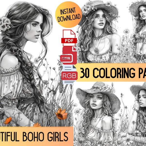 Boho Beautiful Girls Coloring Pages, Bohemian Fashion, Women's Coloring Pages, Coloring For Adults, Beauties Coloring, Bohemian Girls, Pdf