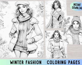 May include: Four black and white coloring pages featuring women wearing winter clothing. The women are wearing coats, hats, scarves, and sweaters. The pages are perfect for adults and children who enjoy coloring.