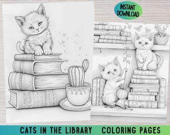 Dibujos para colorear de gatos y libros, diseños felinos (descarga digital)