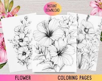 Floral Coloring Pages for Adults, Realistic Flower Illustrations (PDF)