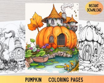 Puede incluir: Dos páginas para colorear con casas de calabaza. La primera página muestra una casa de calabaza detallada con un estanque y nenúfares. La segunda página muestra una casa de calabaza más simple con una puerta y una ventana.