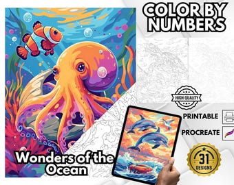 May include: A vibrant illustration of an octopus and a clownfish in an underwater scene. The image is labeled "Wonders of the Ocean" and includes a digital tablet displaying dolphins. The text "Color by Numbers" is at the top.