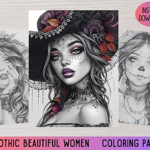 Goth coloring page, Gothic coloring, Halloween coloring, Adult coloring pages, Grayscale coloring, Gothic women, Gothic make up