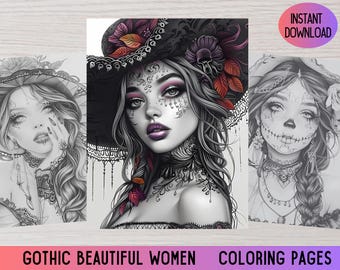 Gothic Women Grayscale Coloring Pages, Halloween Art (PDF)