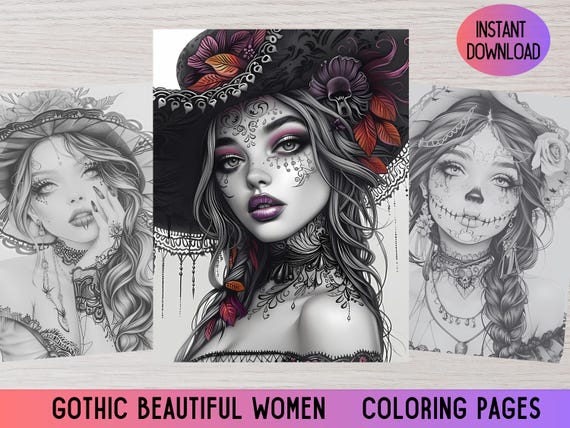 Gothic Women Grayscale Coloring Pages, Halloween Art (PDF)