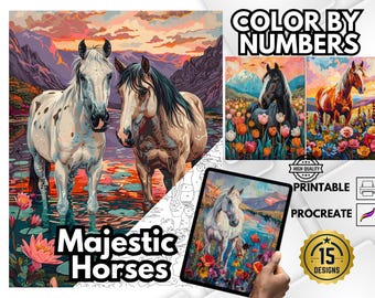 Libro para colorear imprimible de caballos para colorear por números (PDF y PNG)