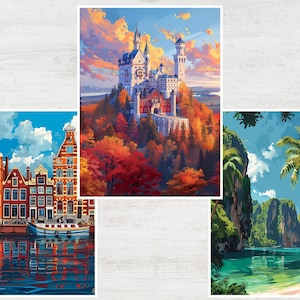 May include: Three landscape paintings. One shows a European castle on a hill surrounded by autumn foliage. Another depicts canal houses with boats. The third shows a tropical beach with palm trees and cliffs.