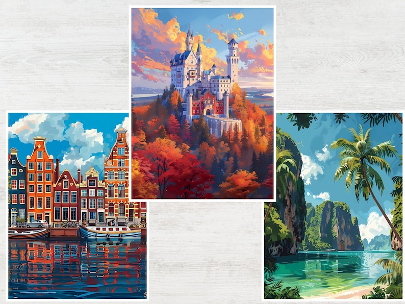 May include: Three landscape paintings. One shows a European castle on a hill surrounded by autumn foliage. Another depicts canal houses with boats. The third shows a tropical beach with palm trees and cliffs.