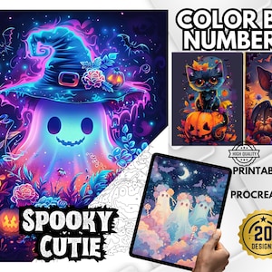 May include: Digital art featuring a glowing ghost wearing a witch hat, with the text "Spooky Cutie." Additional images include a black cat on a pumpkin and a bat. The image is labeled "Color by Numbers" and "Printable."
