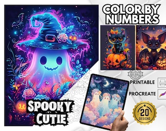 Spooky Cutie Color by Number Pages, Halloween Coloring (PDF & PNG)