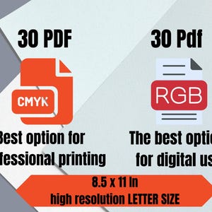 Puede incluir: Dos iconos rojos con texto blanco, uno etiquetado como "30 PDF CMYK" y el otro como "30 Pdf RGB". El texto debajo de los iconos dice "Mejor opci&oacute;n para impresi&oacute;n profesional" y "La mejor opci&oacute;n para uso digital". El texto en la parte inferior dice "8.5 x 11 pulgadas alta resoluci&oacute;n TAMA&Ntilde;O CARTA".