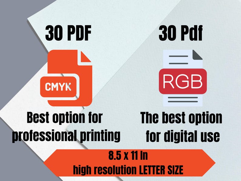 Puede incluir: Dos iconos rojos con texto blanco, uno etiquetado como "30 PDF CMYK" y el otro como "30 Pdf RGB". El texto debajo de los iconos dice "Mejor opci&oacute;n para impresi&oacute;n profesional" y "La mejor opci&oacute;n para uso digital". El texto en la parte inferior dice "8.5 x 11 pulgadas alta resoluci&oacute;n TAMA&Ntilde;O CARTA".