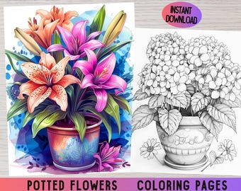 Blomstermålarbok, krukväxter i gråskala (digital nedladdning)