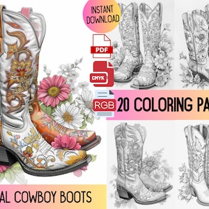May include: 20 coloring pages featuring floral cowboy boots. The boots are decorated with intricate floral designs and are surrounded by flowers.  The pages are ready for instant download in PDF format.