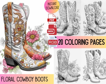 Blumen Cowboy-Stiefel, Blumen Malbuch, Graustufen Blumen, blühende Stiefel, Blumenstiefel, Malseiten, bunte Schuhe, Erwachsene Färbung