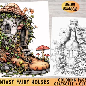 May include: A colouring page featuring two whimsical fairy houses. One house is built into a large brown boot with vines and leaves growing around it. The other house is built into a glass bottle with a roof and a chimney. Both houses are surrounded by flowers and mushrooms.