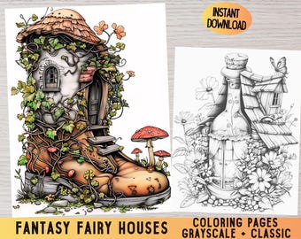Fairy House Grayscale Coloring Pages, Fantasy Cottage (PDF Pattern)