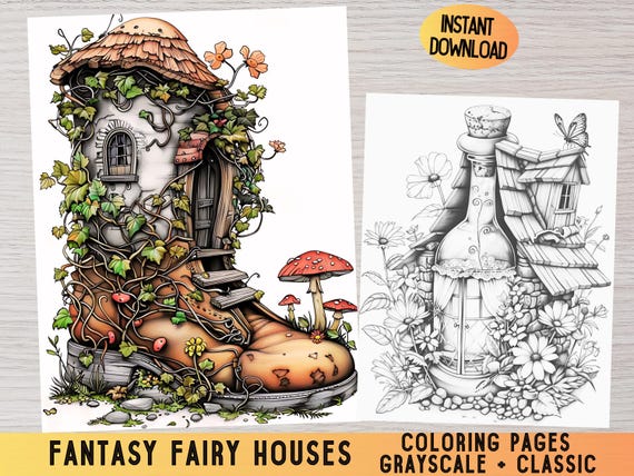 Fairy House Grayscale Coloring Pages, Fantasy Cottage (PDF Pattern)