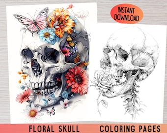 May include: A black and white coloring page featuring a skull with flowers and butterflies. The skull is adorned with a variety of flowers, including roses, daisies, and lilies. Butterflies are perched on the flowers and skull. The coloring page is titled "Floral Skull Coloring Pages".