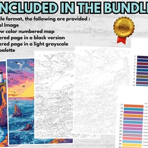 May include: Bundle includes original image, preview colour numbered map, numbered page in black and light grayscale versions, and a colour palette. The image features a lighthouse on a cliffside with a sunset and ocean view.