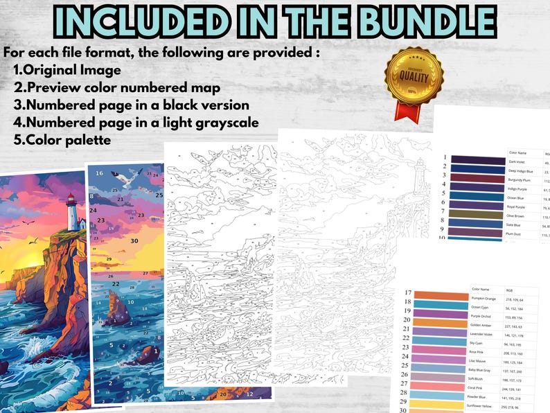 May include: Bundle includes original image, preview colour numbered map, numbered page in black and light grayscale versions, and a colour palette. The image features a lighthouse on a cliffside with a sunset and ocean view.