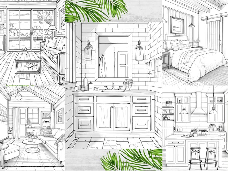 Farmhouse Interior Coloring Book, Rustic Home Designs (PDF Download) - Etsy