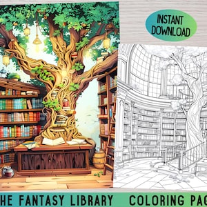Könnte beinhalten: Eine Malvorlage mit einer Fantasy-Bibliothek, in deren Mitte ein großer Baum wächst. Der Baum ist mit Büchern bedeckt und hat ein großes, grünes Blätterdach. Die Bibliothek hat Bücherregale an den Wänden und einen Holztisch in der Mitte. Die Malvorlage ist in Schwarzweiß und bereit zum Ausmalen.